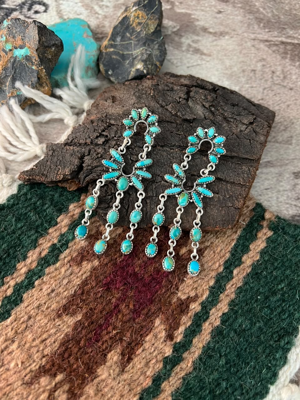 Handmade Sterling Silver Kingman Turquoise Post Dangle Earrings Signed Nizhoni