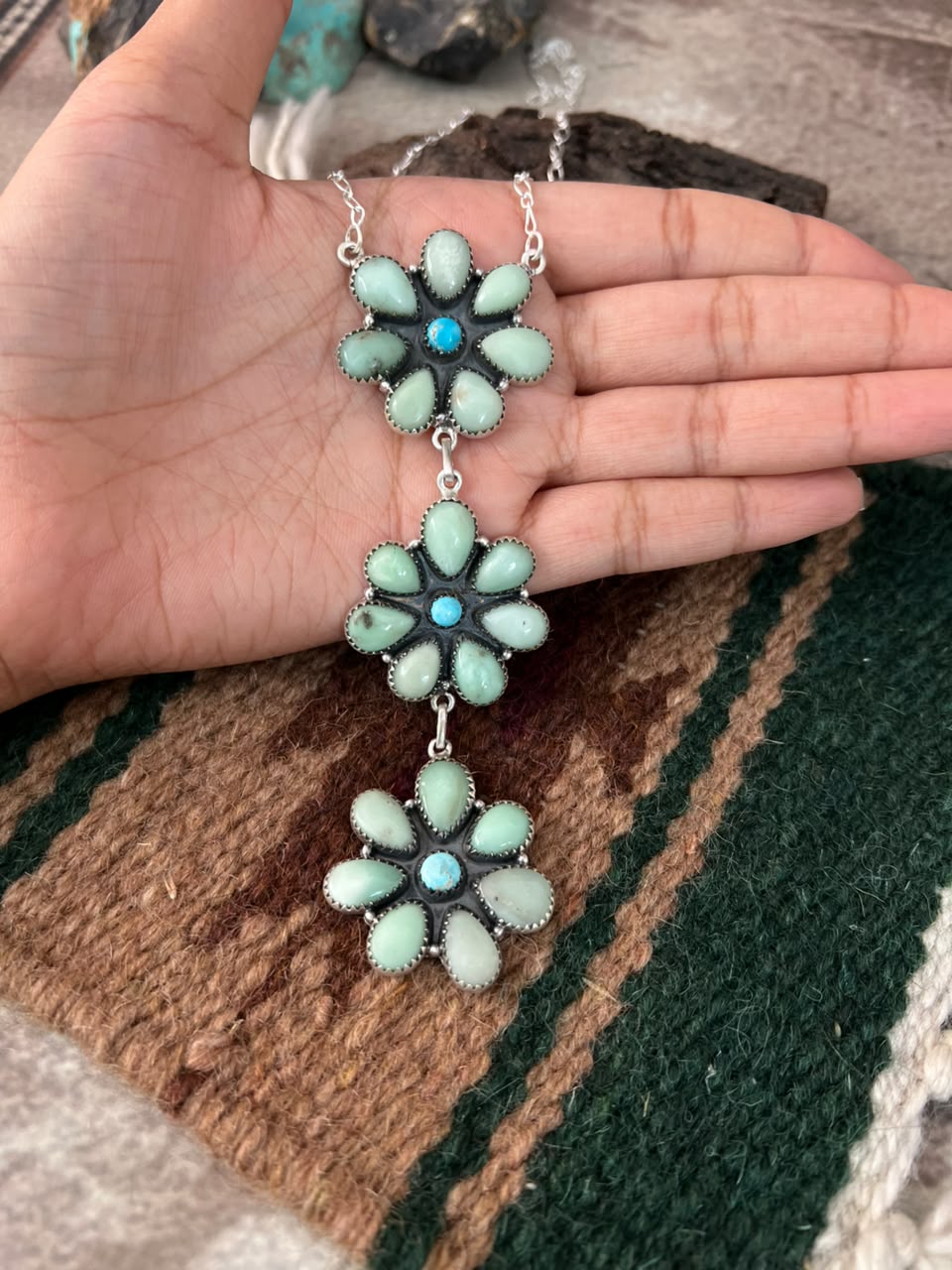 Handmade Sterling Silver Sierra Bella with Paloma Turquoise Drop Necklace Signed Nizhoni