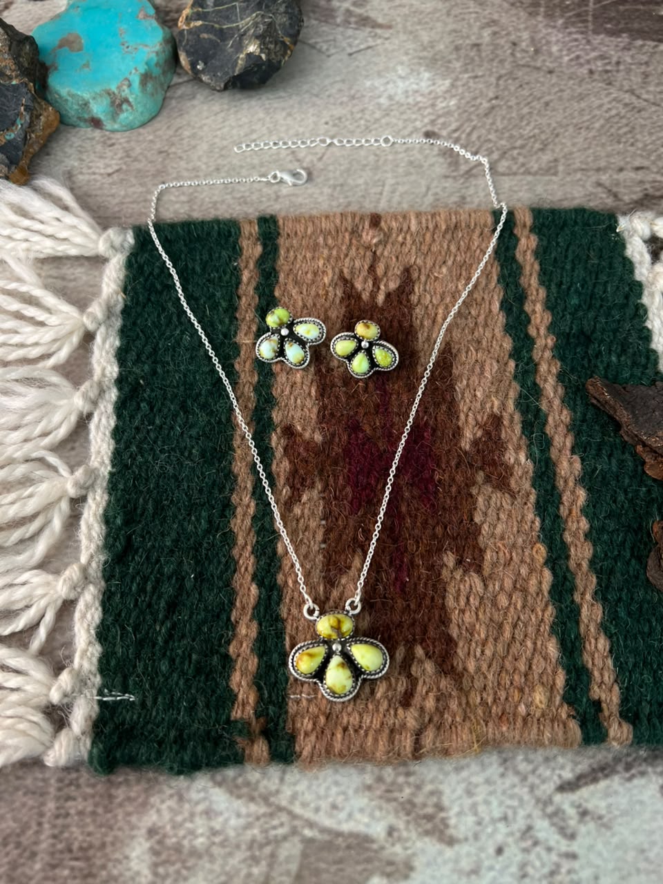 Handmade Sterling Silver Palomino Turquoise Necklace and Earrings Set Signed Nizhoni