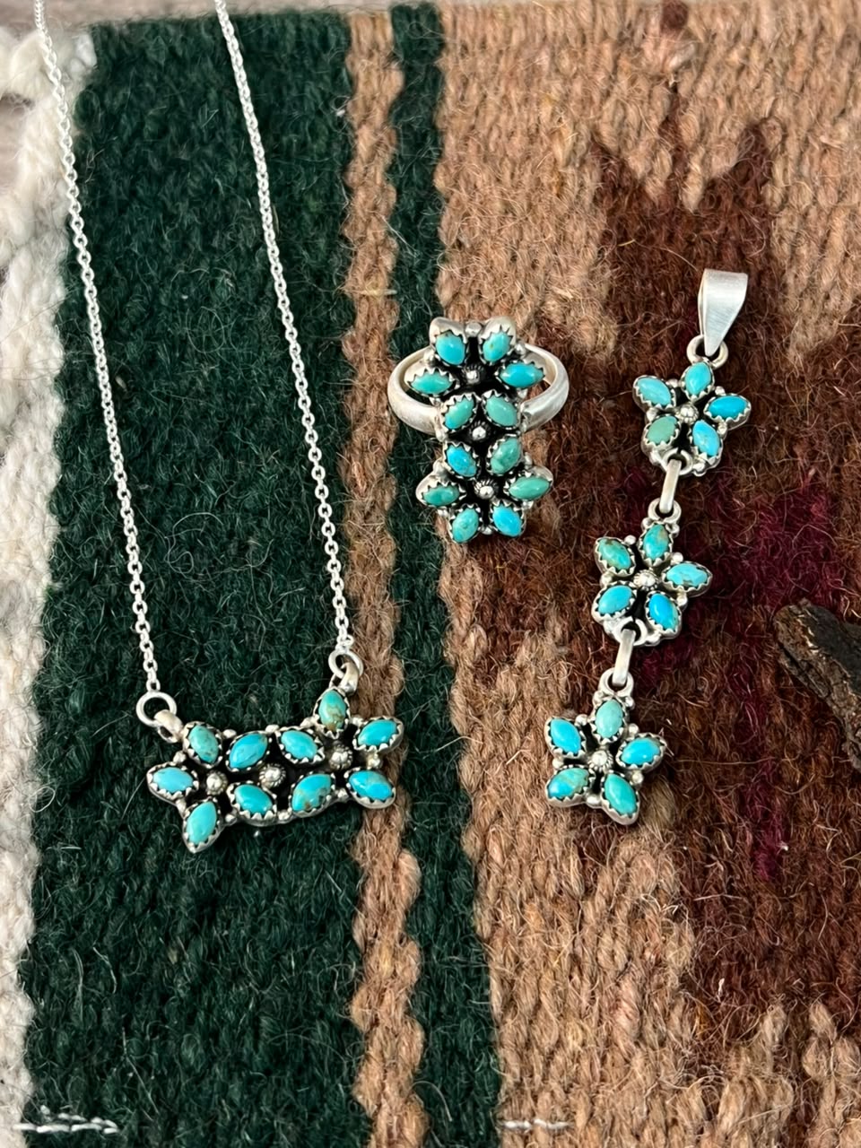 Handmade Sterling Silver Kingman Turquoise Necklace Pendant and Ring Set Signed Nizhoni