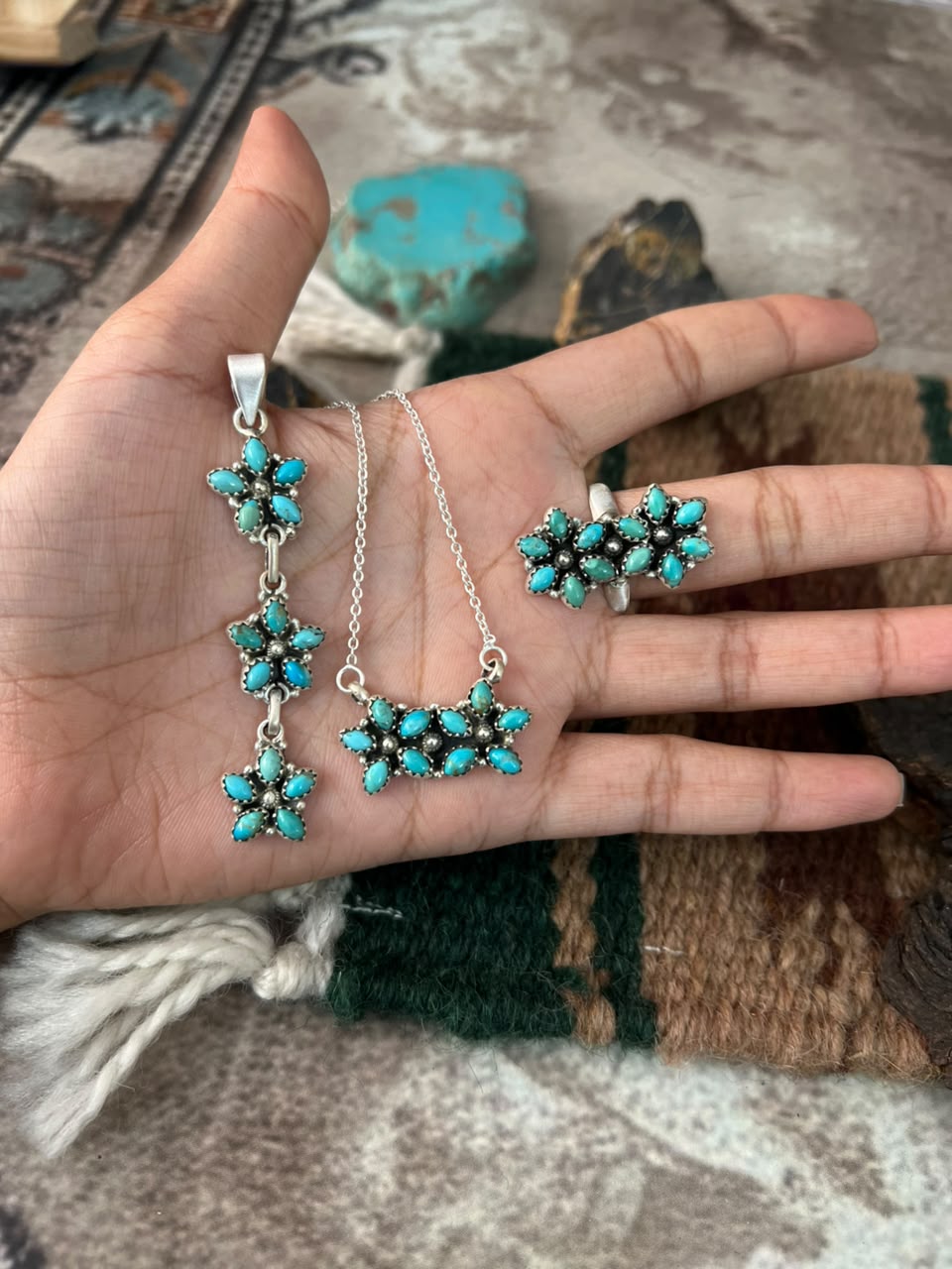 Handmade Sterling Silver Kingman Turquoise Necklace Pendant and Ring Set Signed Nizhoni