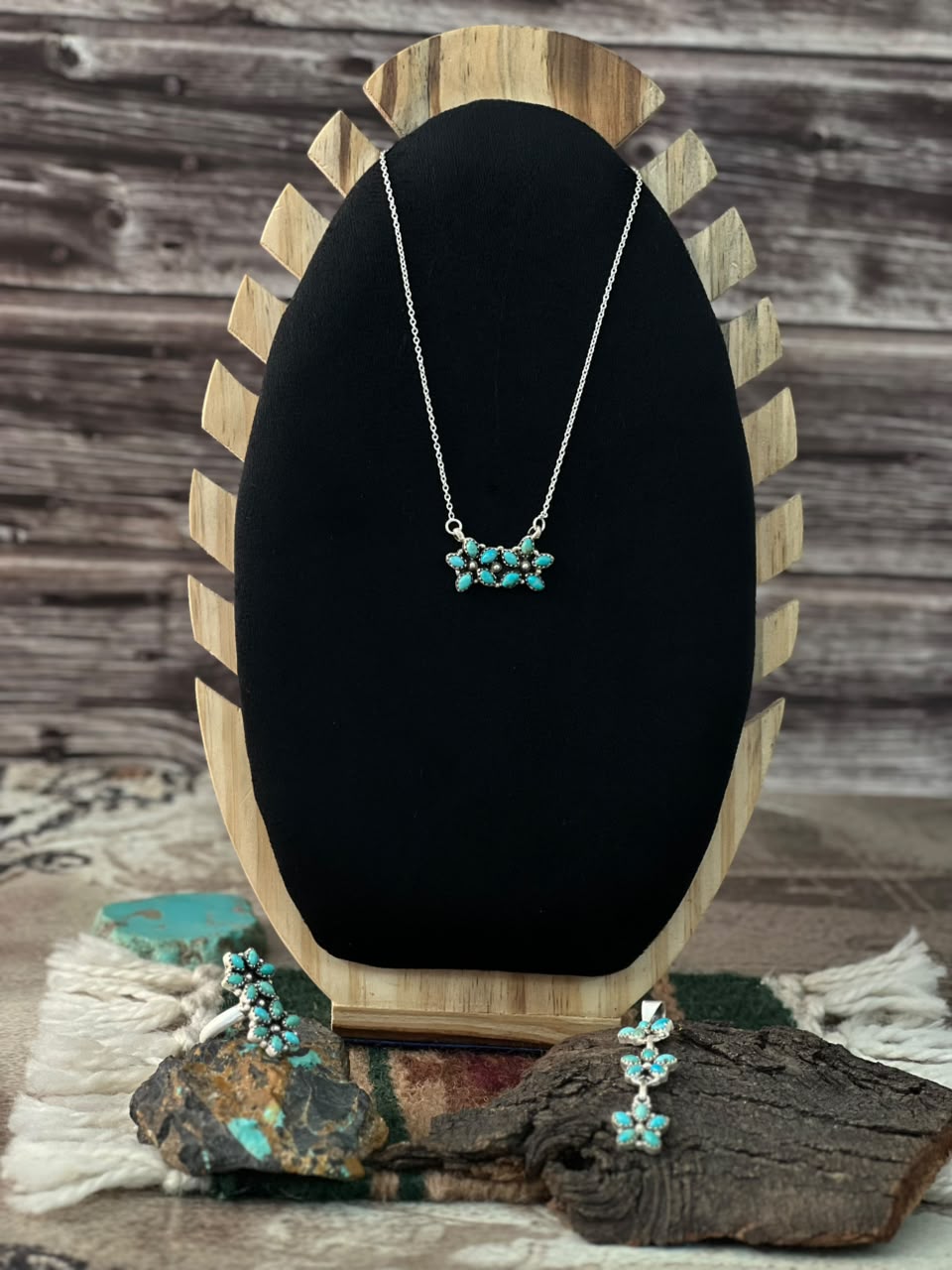 Handmade Sterling Silver Kingman Turquoise Necklace Pendant and Ring Set Signed Nizhoni