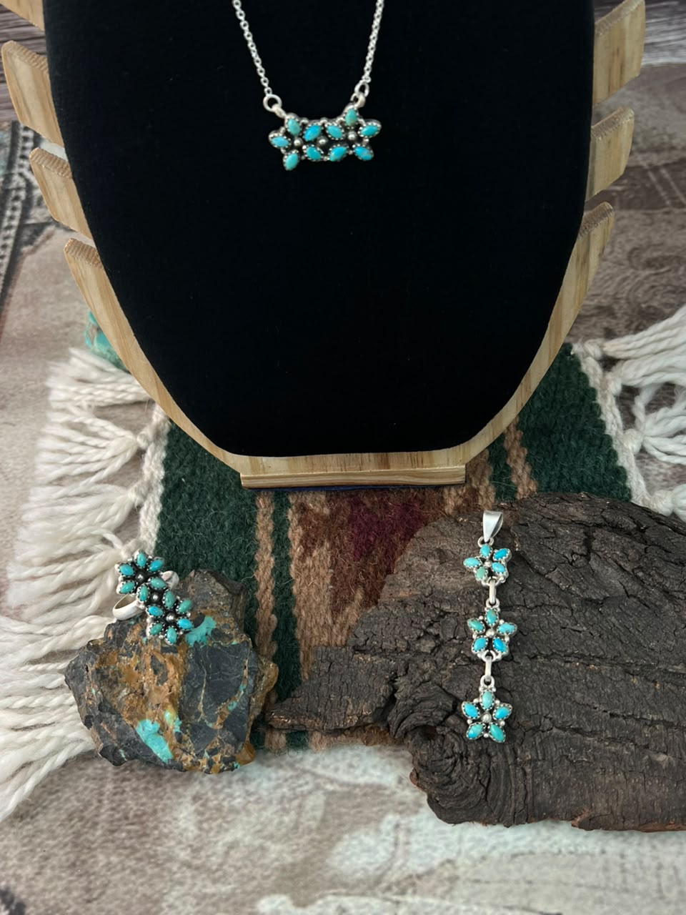 Handmade Sterling Silver Kingman Turquoise Necklace Pendant and Ring Set Signed Nizhoni