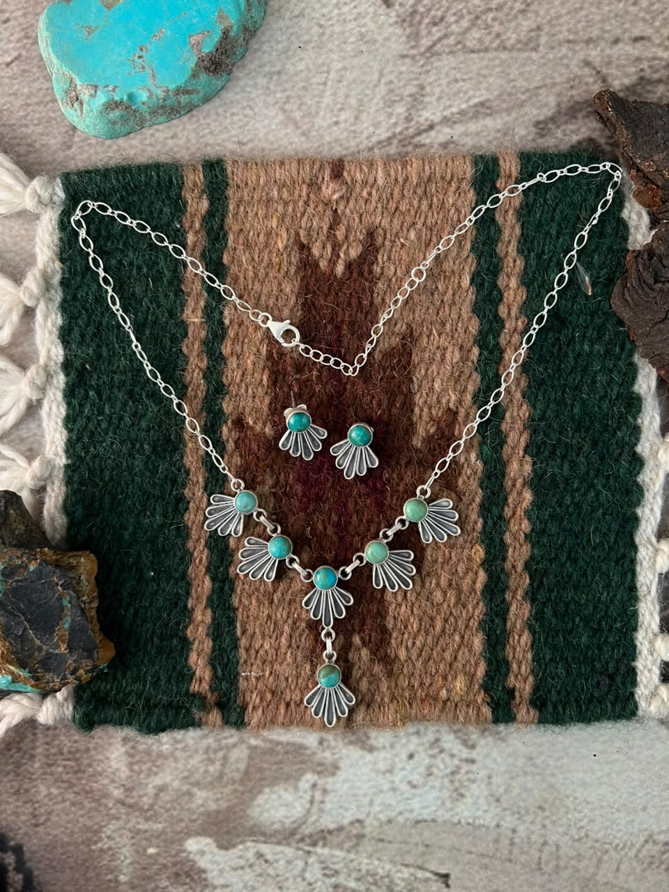 Handmade Sterling Silver Kingman Turquoise Necklace and Earrings Set Signed Nizhoni