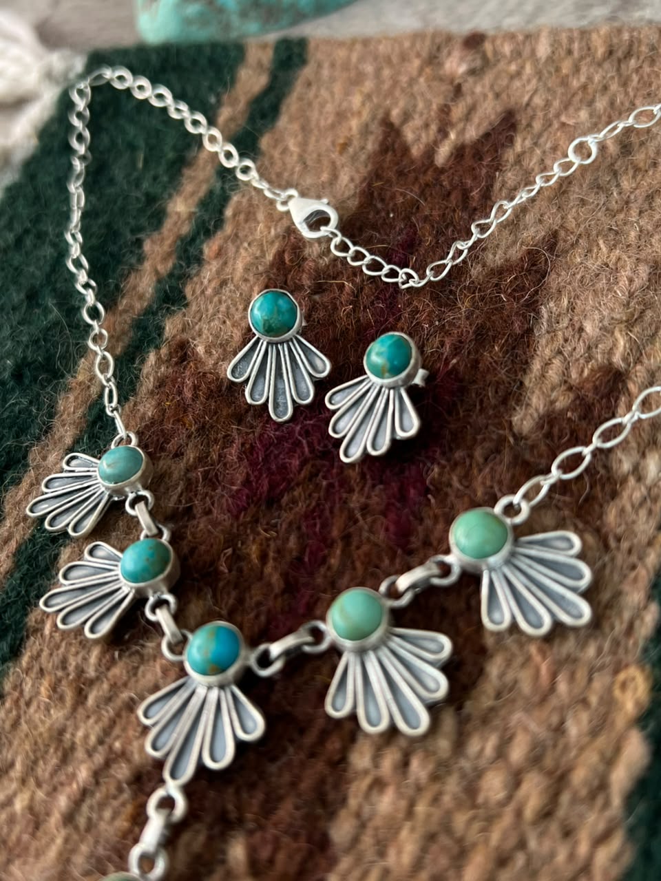 Handmade Sterling Silver Kingman Turquoise Necklace and Earrings Set Signed Nizhoni