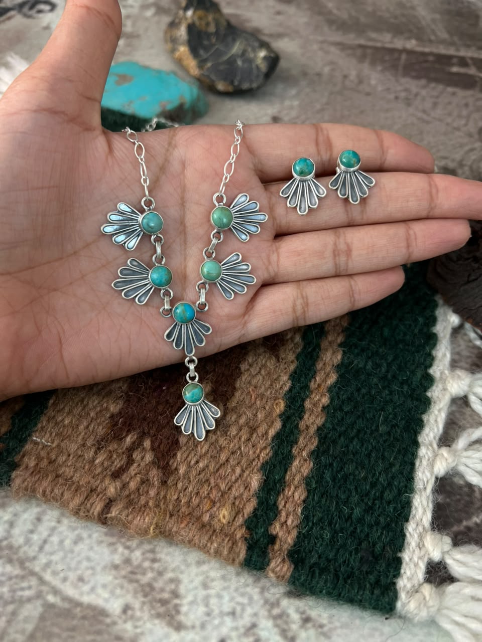 Handmade Sterling Silver Kingman Turquoise Necklace and Earrings Set Signed Nizhoni