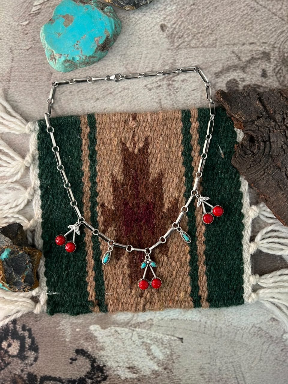 Handmade Sterling Silver Rosarita with Kingman Turquoise Cherry Necklace Signed Nizhoni