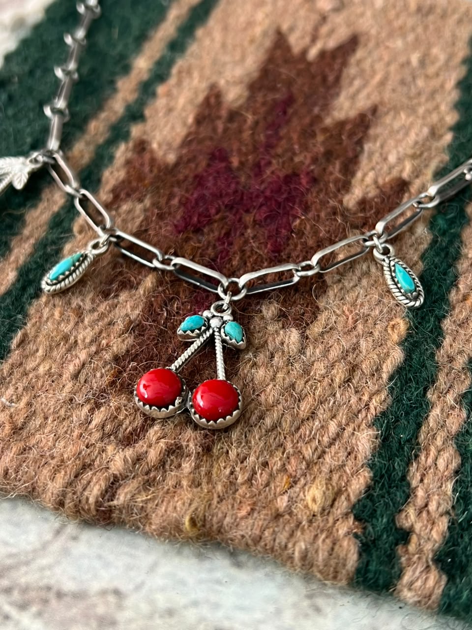Handmade Sterling Silver Rosarita with Kingman Turquoise Cherry Necklace Signed Nizhoni