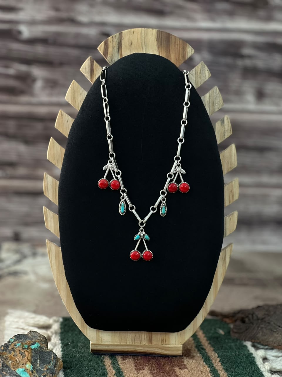 Handmade Sterling Silver Rosarita with Kingman Turquoise Cherry Necklace Signed Nizhoni