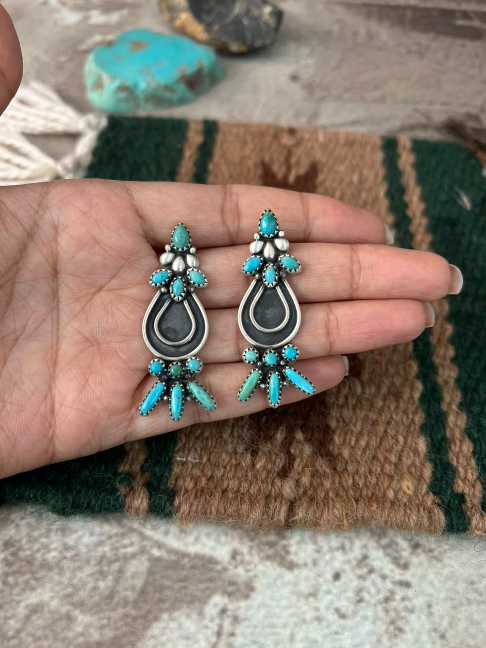 Handmade Sterling Silver Kingman Turquoise Post Studs Earrings Signed Nizhoni