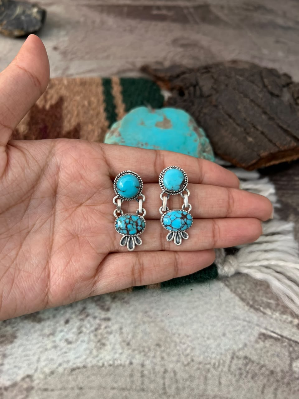 Handmade Sterling Silver Egyptian Turquoise Post Dangle Earrings Signed Nizhoni