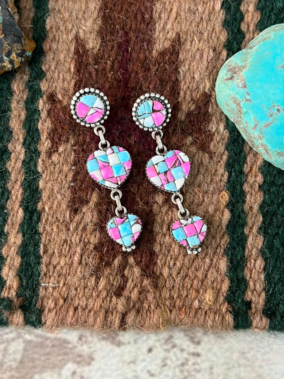 Handmade Sterling Silver Cotton Candy Cobble Stone Post Dangle Earrings Signed Nizhoni
