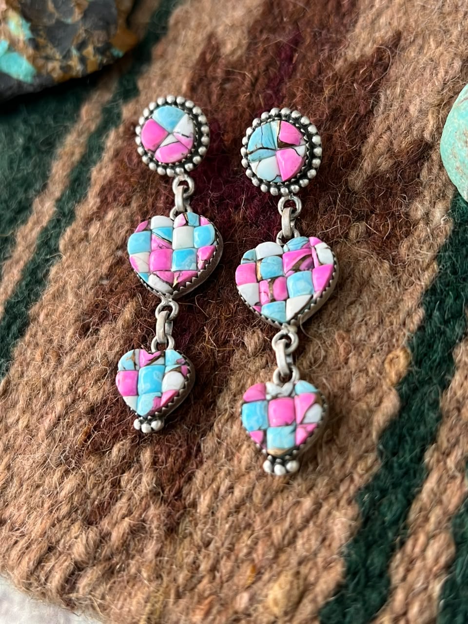 Handmade Sterling Silver Cotton Candy Cobble Stone Post Dangle Earrings Signed Nizhoni