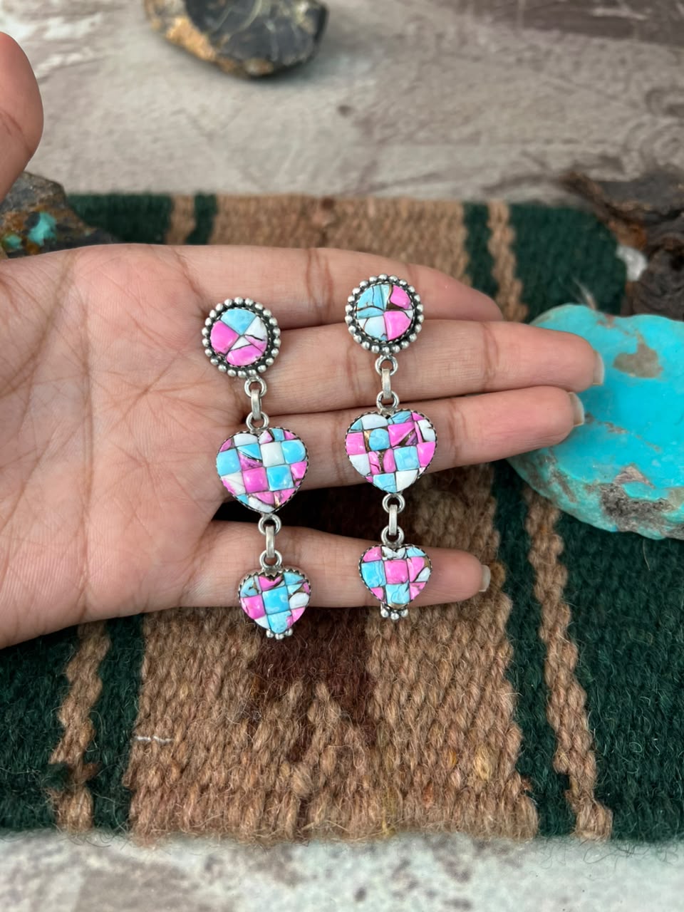 Handmade Sterling Silver Cotton Candy Cobble Stone Post Dangle Earrings Signed Nizhoni