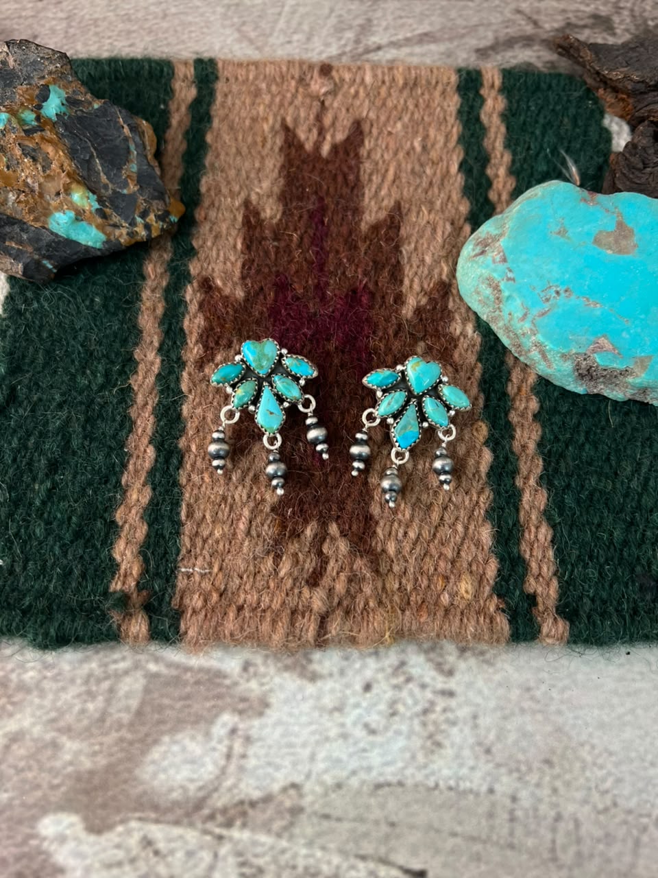 Handmade Sterling Silver Kingman Turquoise Post Dangle Beaded Earrings Signed Nizhoni