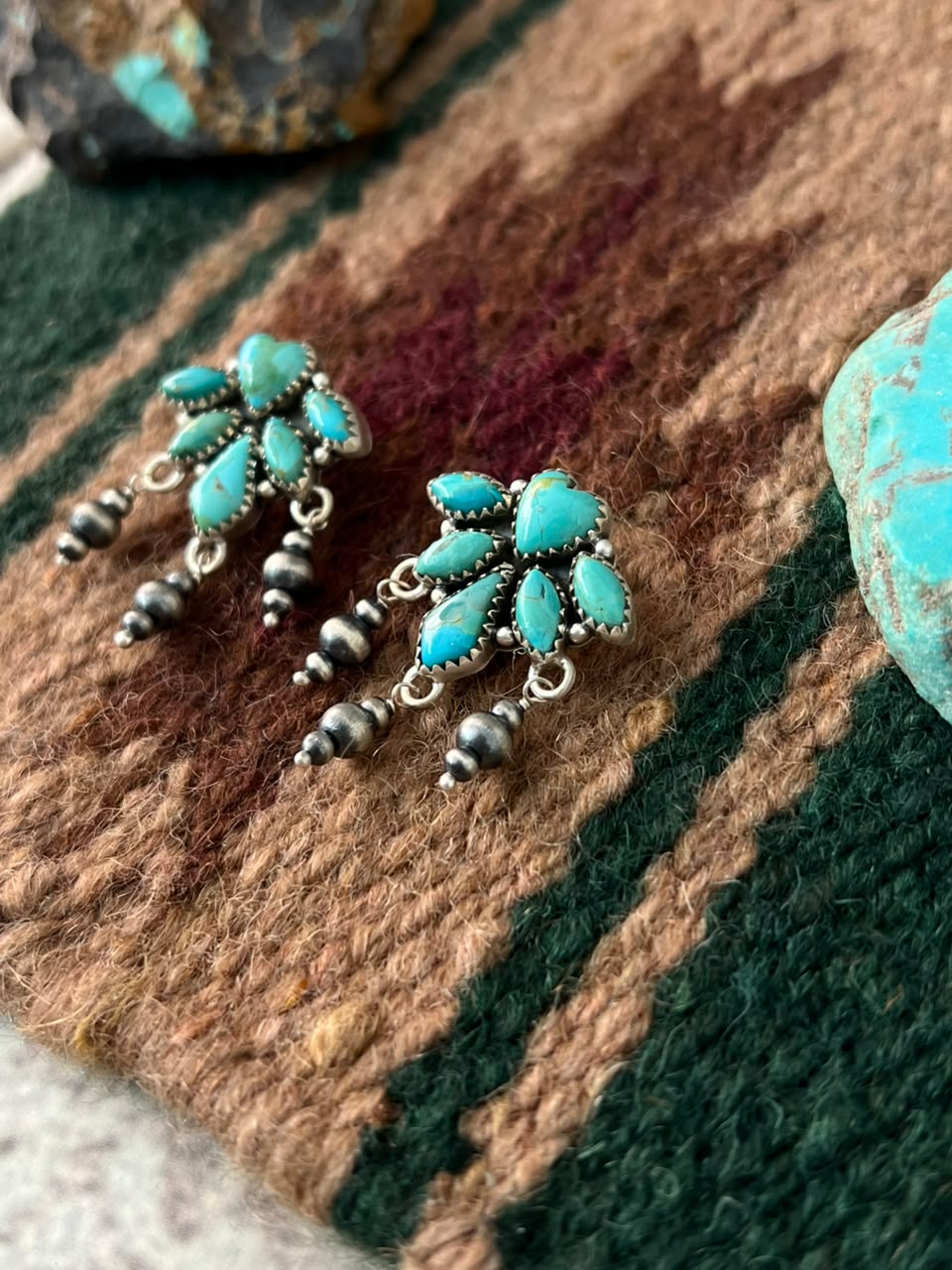 Handmade Sterling Silver Kingman Turquoise Post Dangle Beaded Earrings Signed Nizhoni