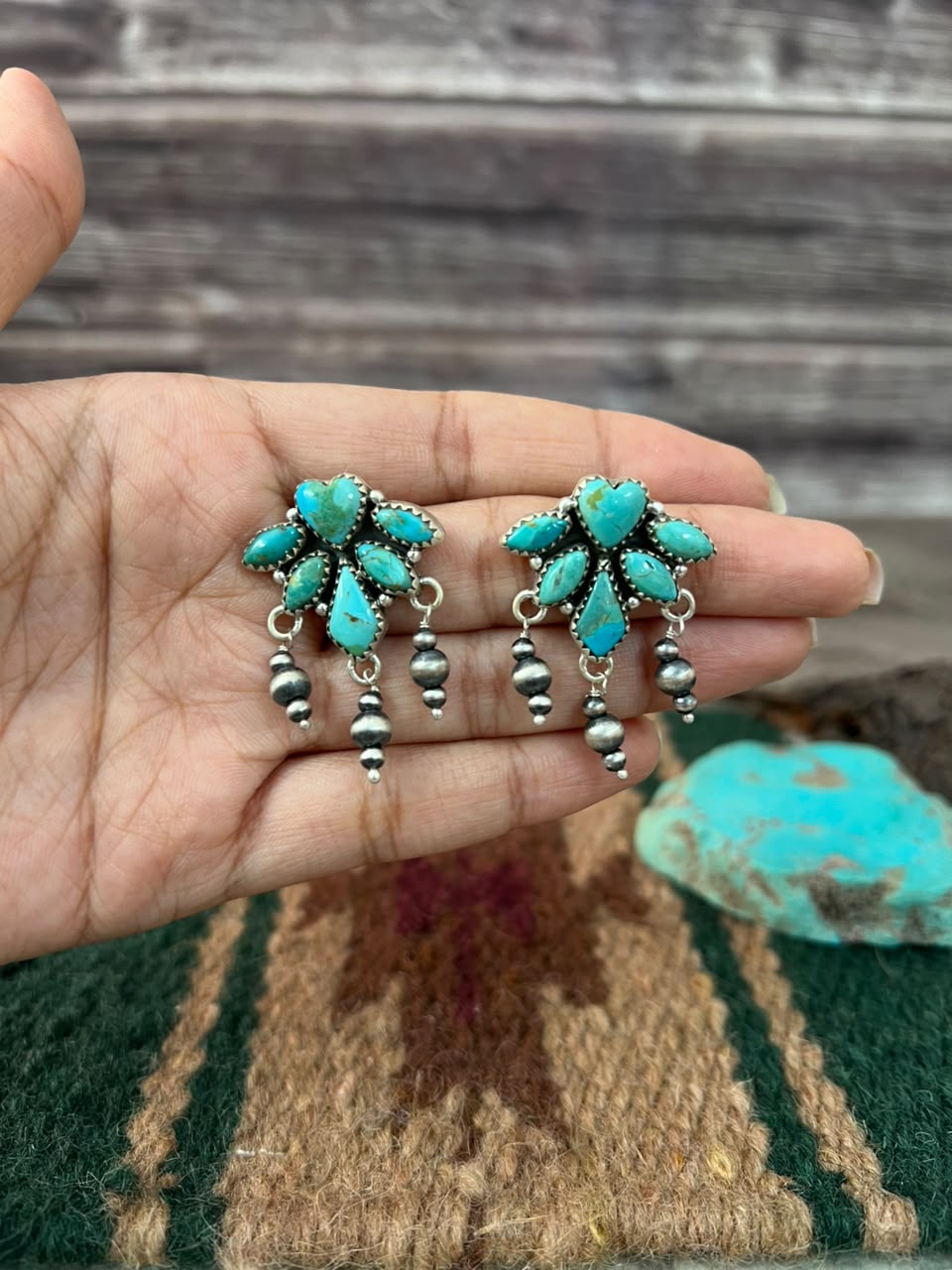 Handmade Sterling Silver Kingman Turquoise Post Dangle Beaded Earrings Signed Nizhoni