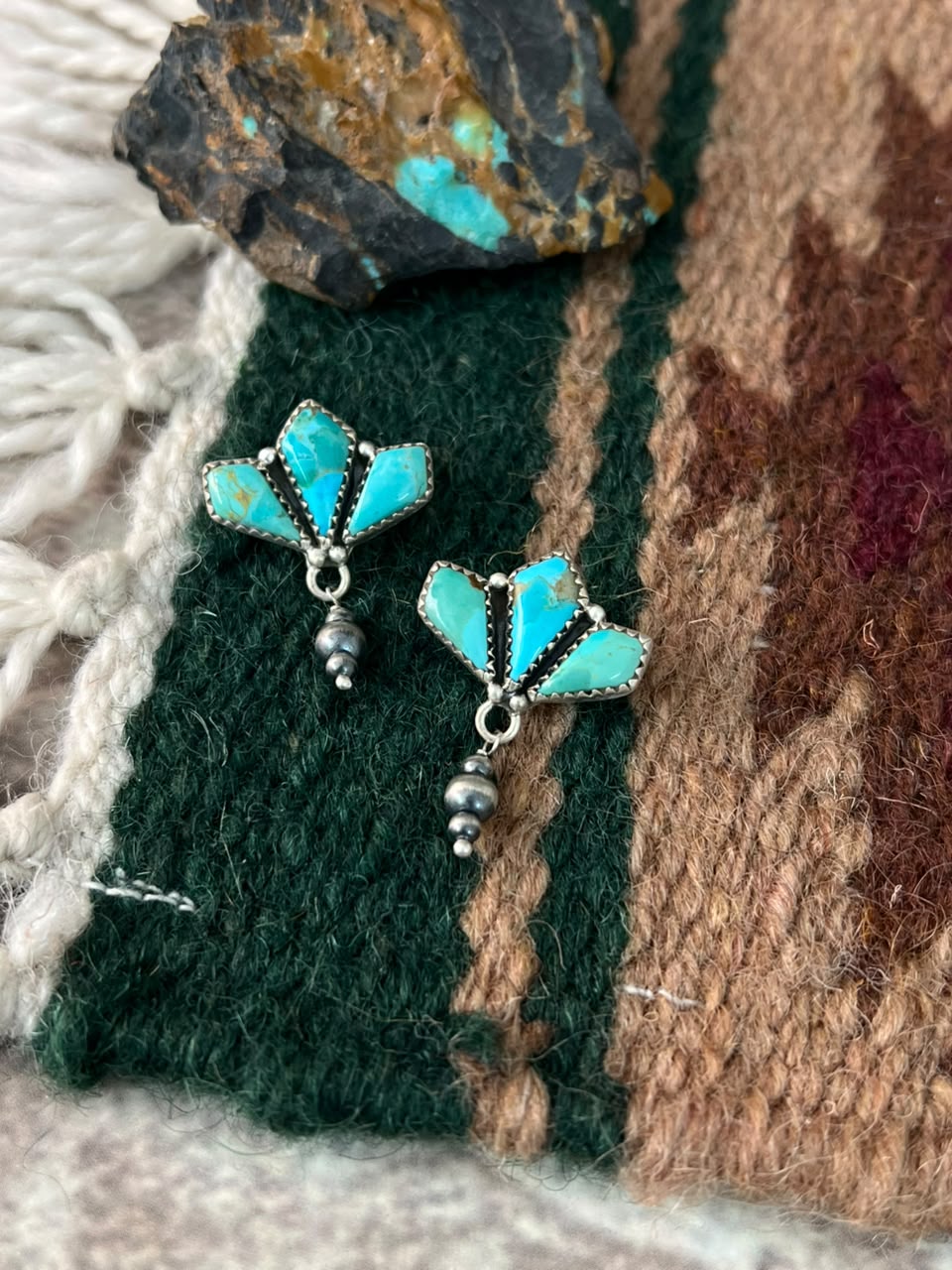 Handmade Sterling Silver Kingman Turquoise Post Dangle Beaded Earrings Signed Nizhoni