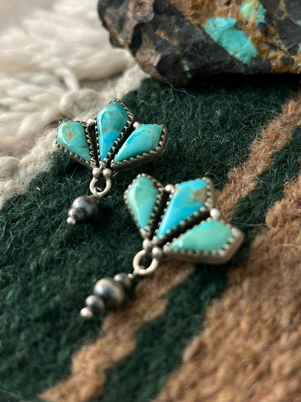 Handmade Sterling Silver Kingman Turquoise Post Dangle Beaded Earrings Signed Nizhoni