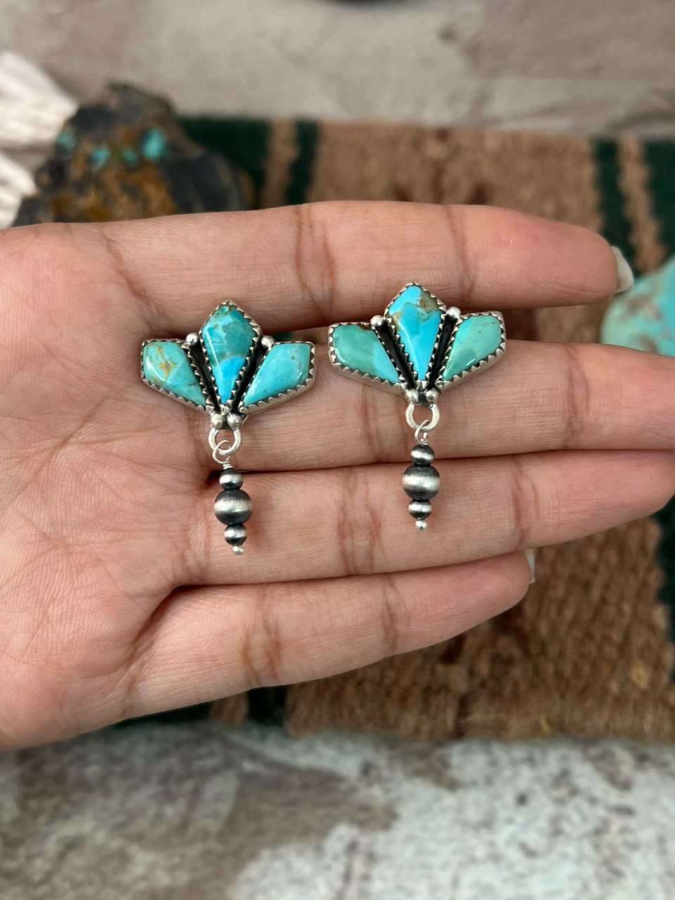Handmade Sterling Silver Kingman Turquoise Post Dangle Beaded Earrings Signed Nizhoni