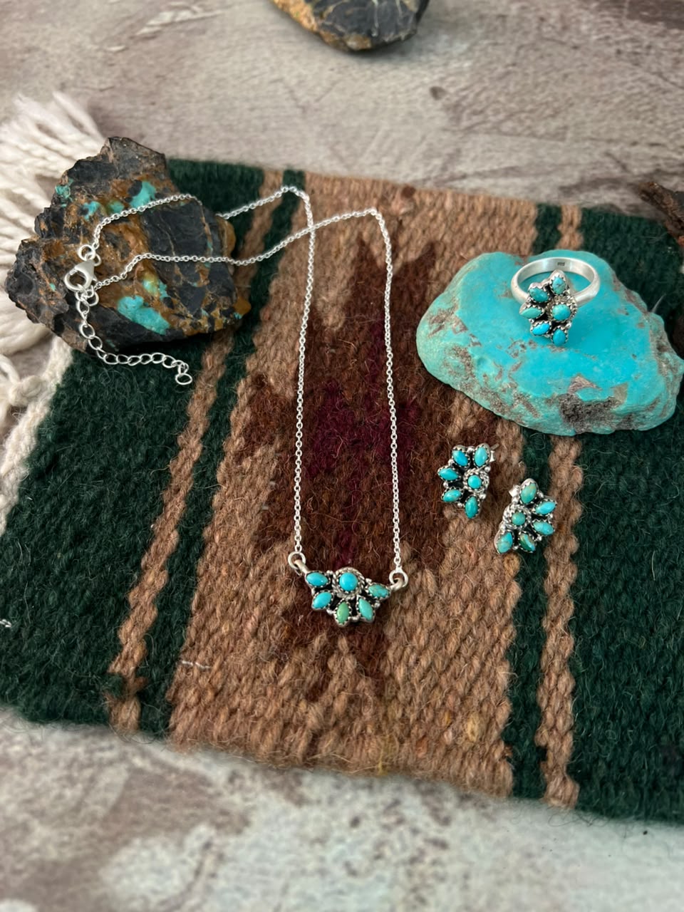 Handmade Sterling Silver Kingman Turquoise Necklace Earrings and Ring Set Signed Nizhoni
