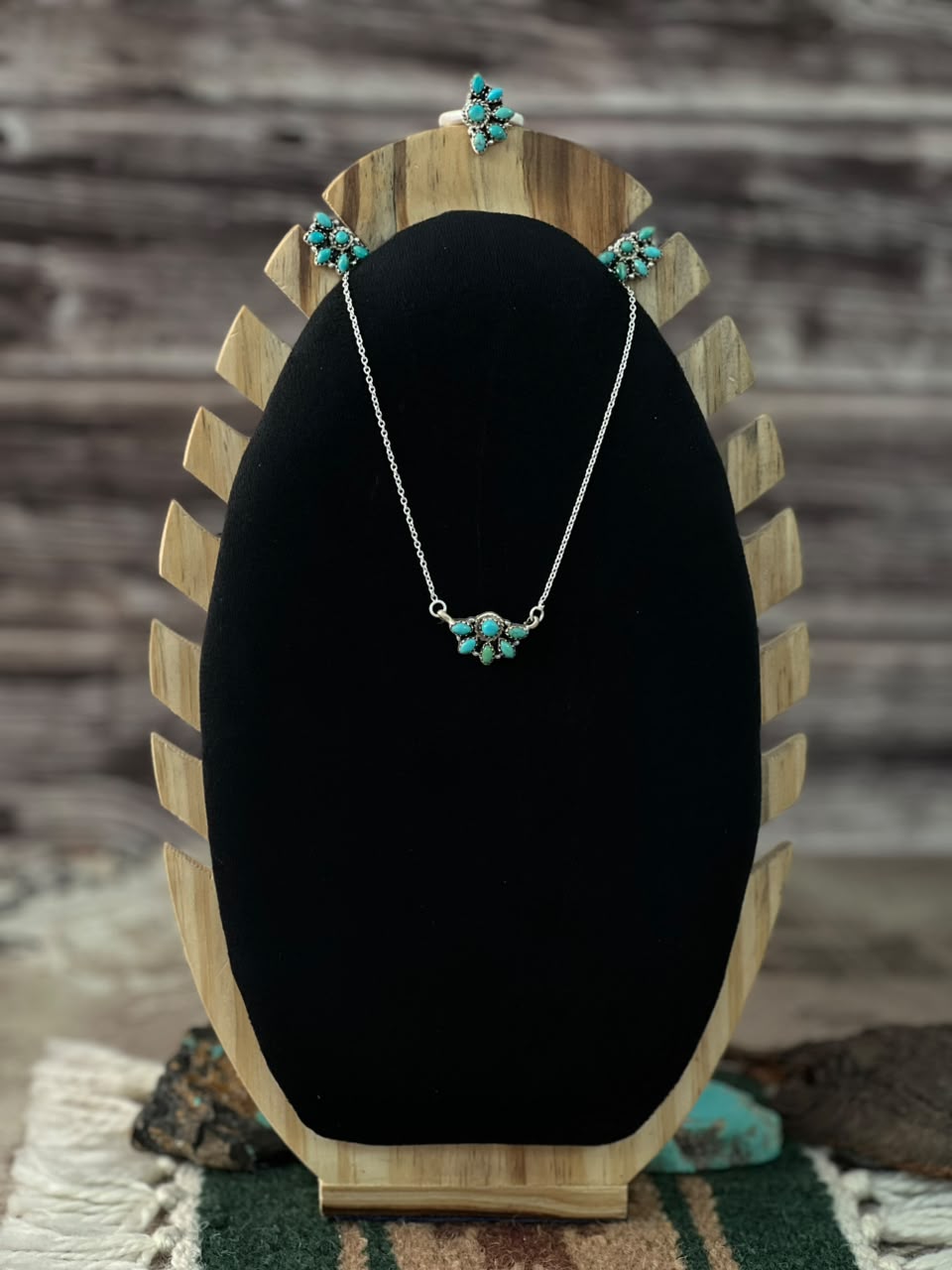 Handmade Sterling Silver Kingman Turquoise Necklace Earrings and Ring Set Signed Nizhoni