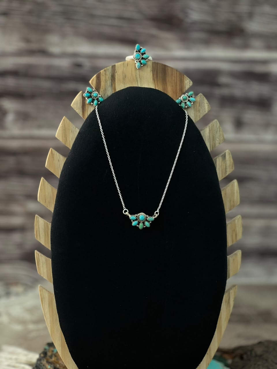 Handmade Sterling Silver Kingman Turquoise Necklace Earrings and Ring Set Signed Nizhoni