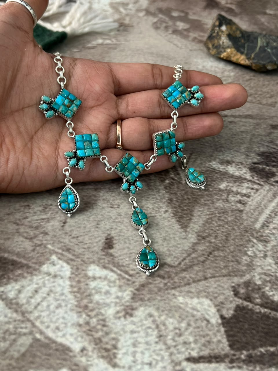 Handmade Sterling Silver Kingman Turquoise Cobble Stone Necklace Signed Nizhoni