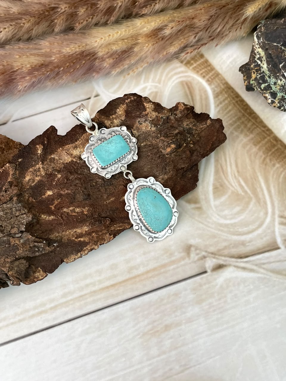 Handmade Sterling Silver Green Kingman Turquoise Pendant Signed Nizhoni