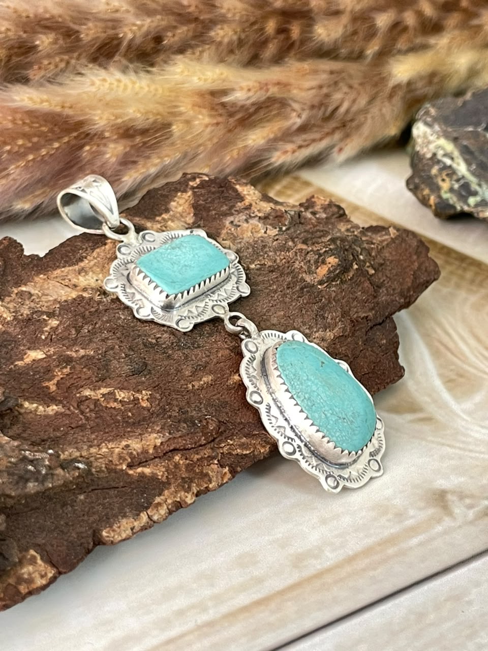 Handmade Sterling Silver Green Kingman Turquoise Pendant Signed Nizhoni