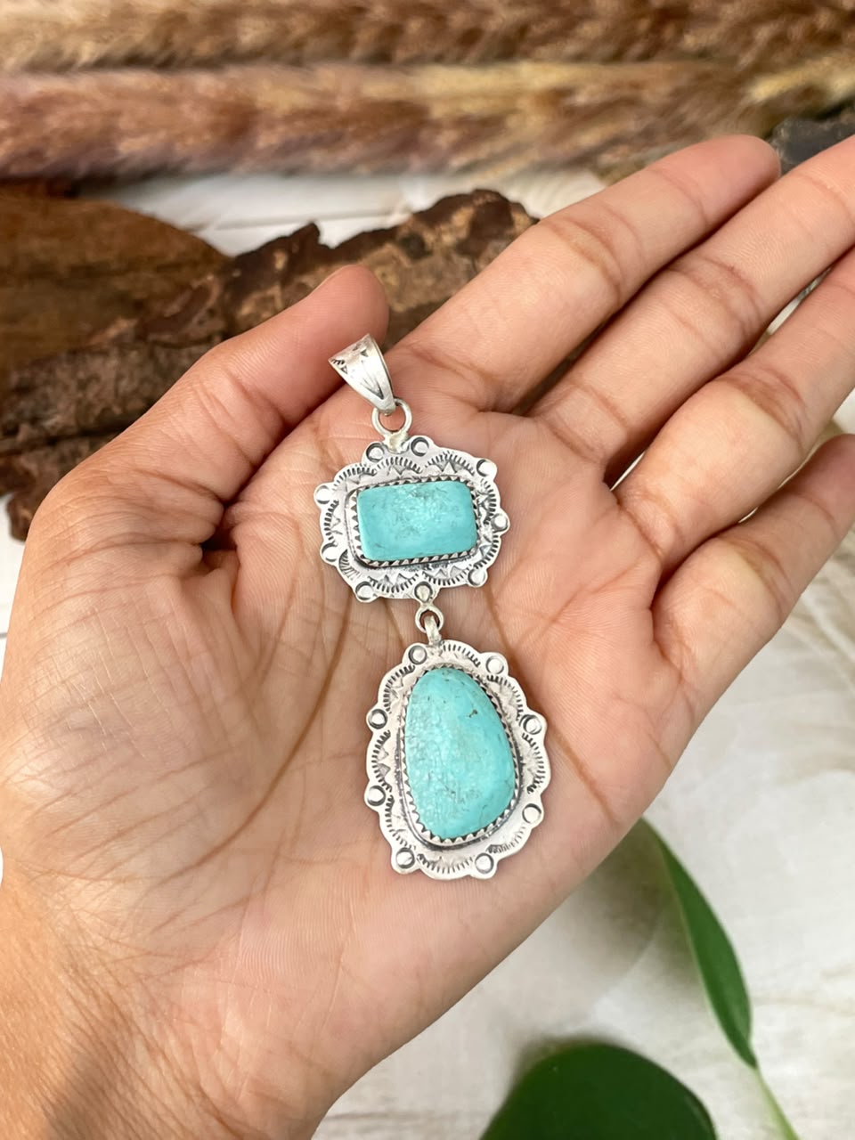 Handmade Sterling Silver Green Kingman Turquoise Pendant Signed Nizhoni