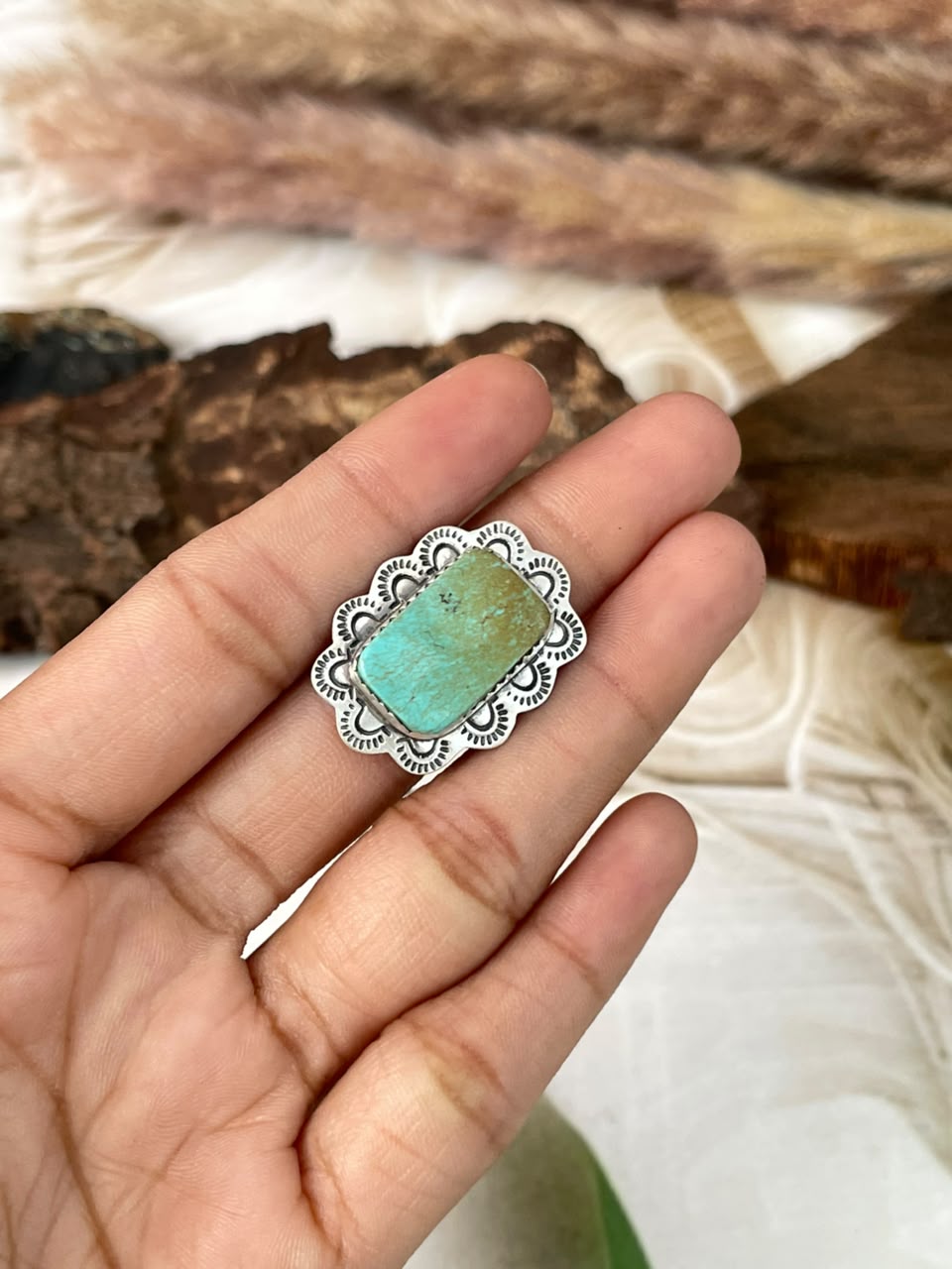Handmade Sterling Silver Green Kingman Turquoise Adjustable Ring Signed Nizhoni