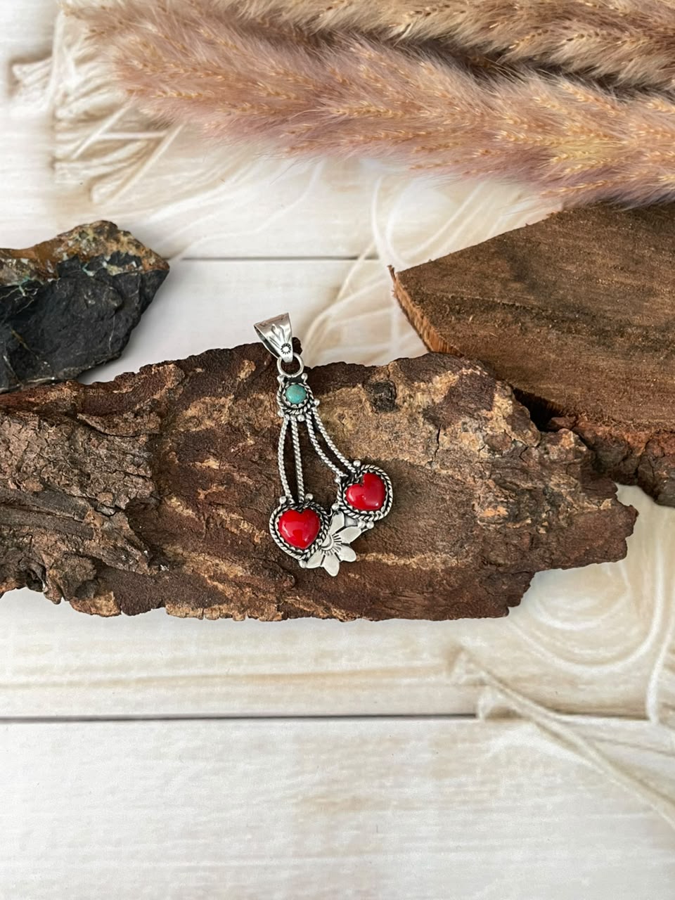 Handmade Sterling Silver Rosarita with Kingman Turquoise Cherry Pendant Signed Nizhoni