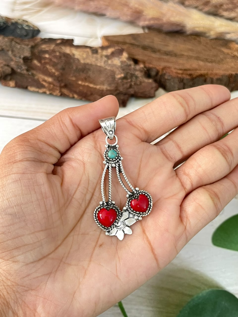 Handmade Sterling Silver Rosarita with Kingman Turquoise Cherry Pendant Signed Nizhoni