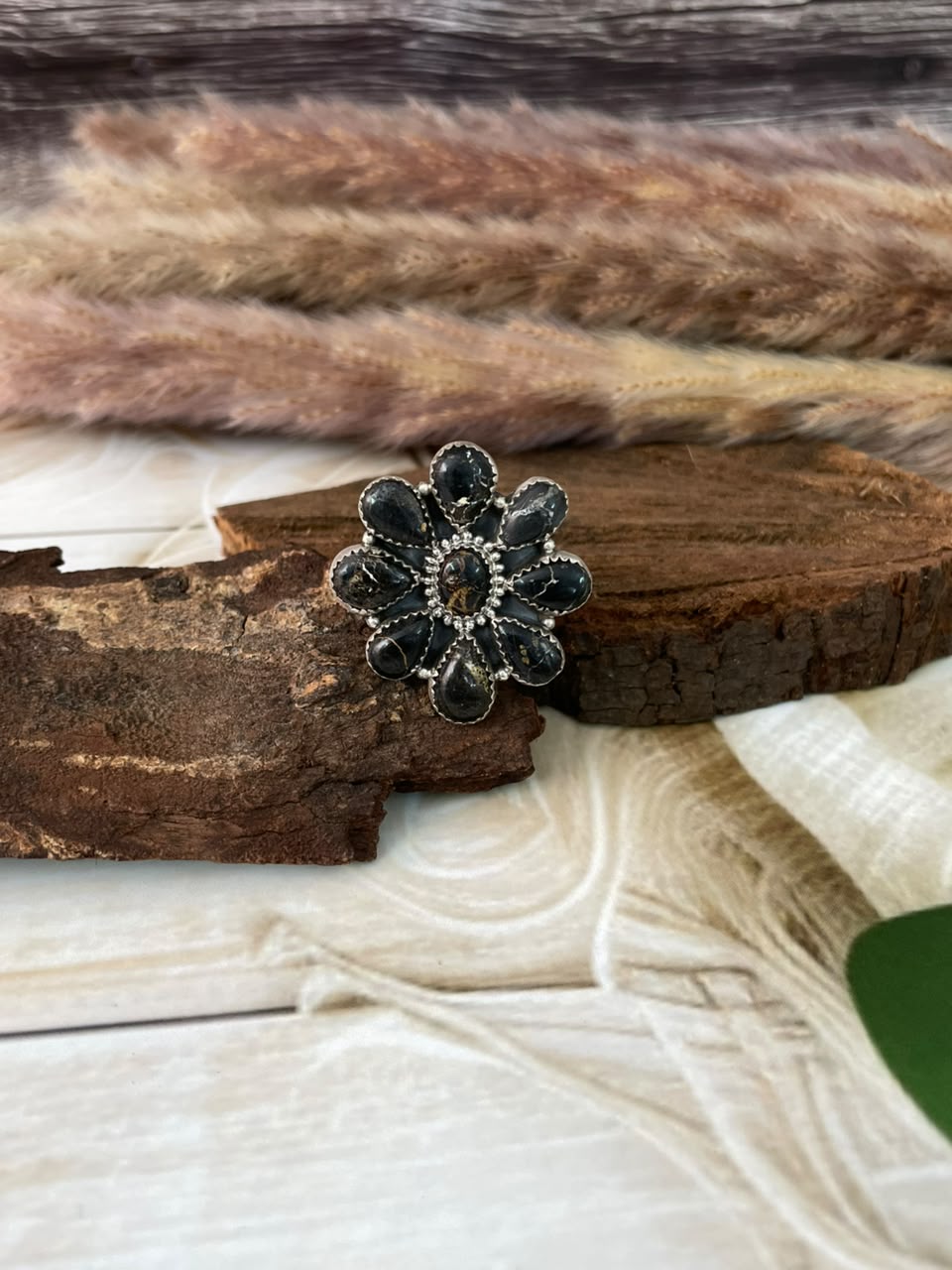 Handmade Sterling Silver Blackjack Turquoise Adjustable Ring Signed Nizhoni