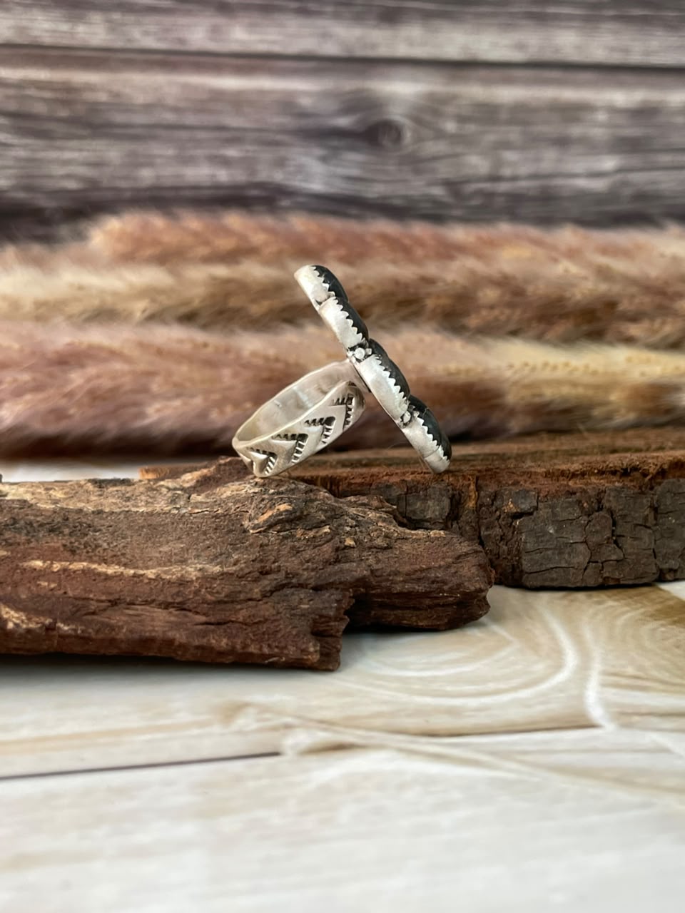 Handmade Sterling Silver Blackjack Turquoise Adjustable Ring Signed Nizhoni