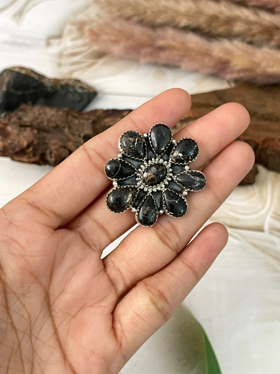 Handmade Sterling Silver Blackjack Turquoise Adjustable Ring Signed Nizhoni