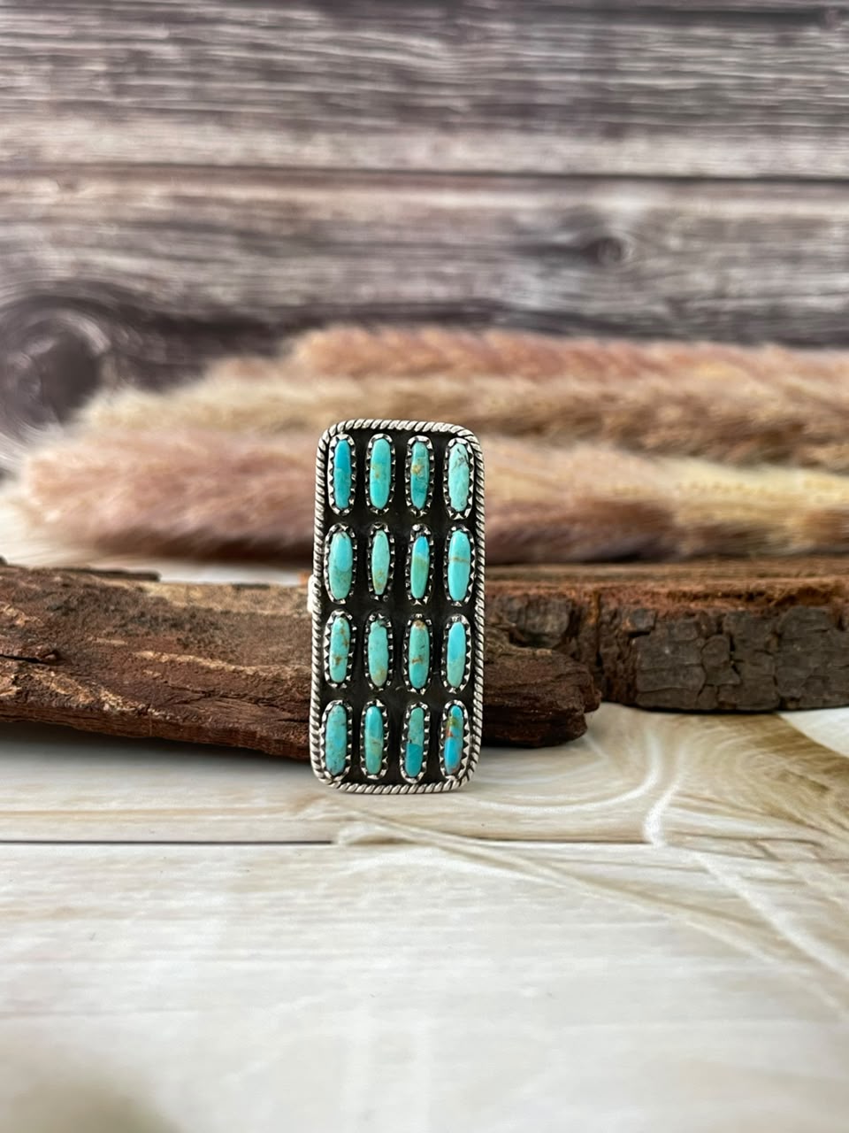 Handmade Sterling Silver Kingman Turquoise Bar Adjustable Ring Signed Nizhoni