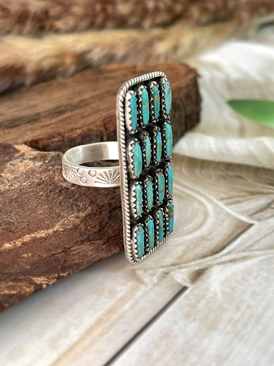 Handmade Sterling Silver Kingman Turquoise Bar Adjustable Ring Signed Nizhoni