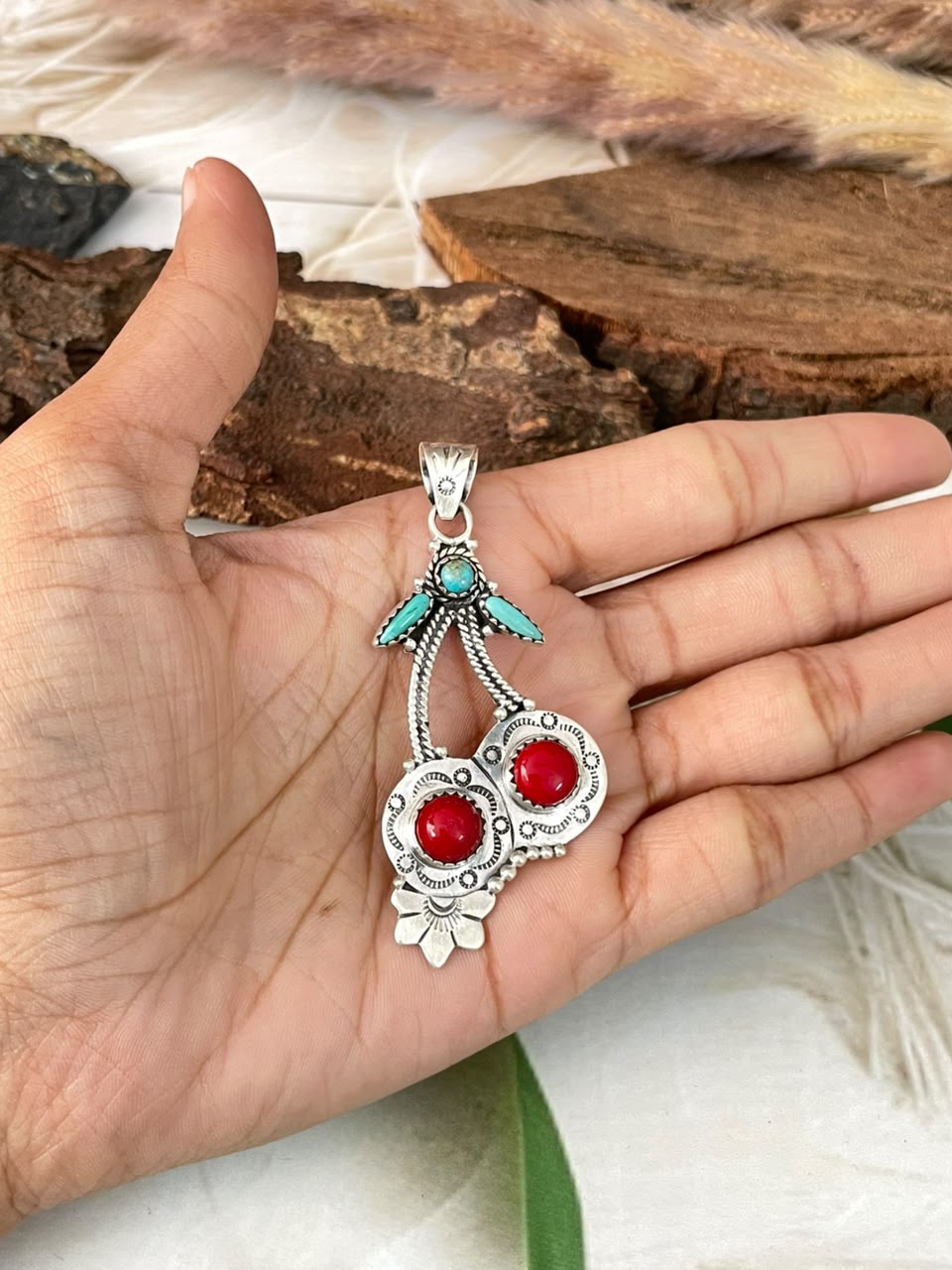Handmade Sterling Silver Rosarita with Kingman Turquoise Cherry Pendant Signed Nizhoni
