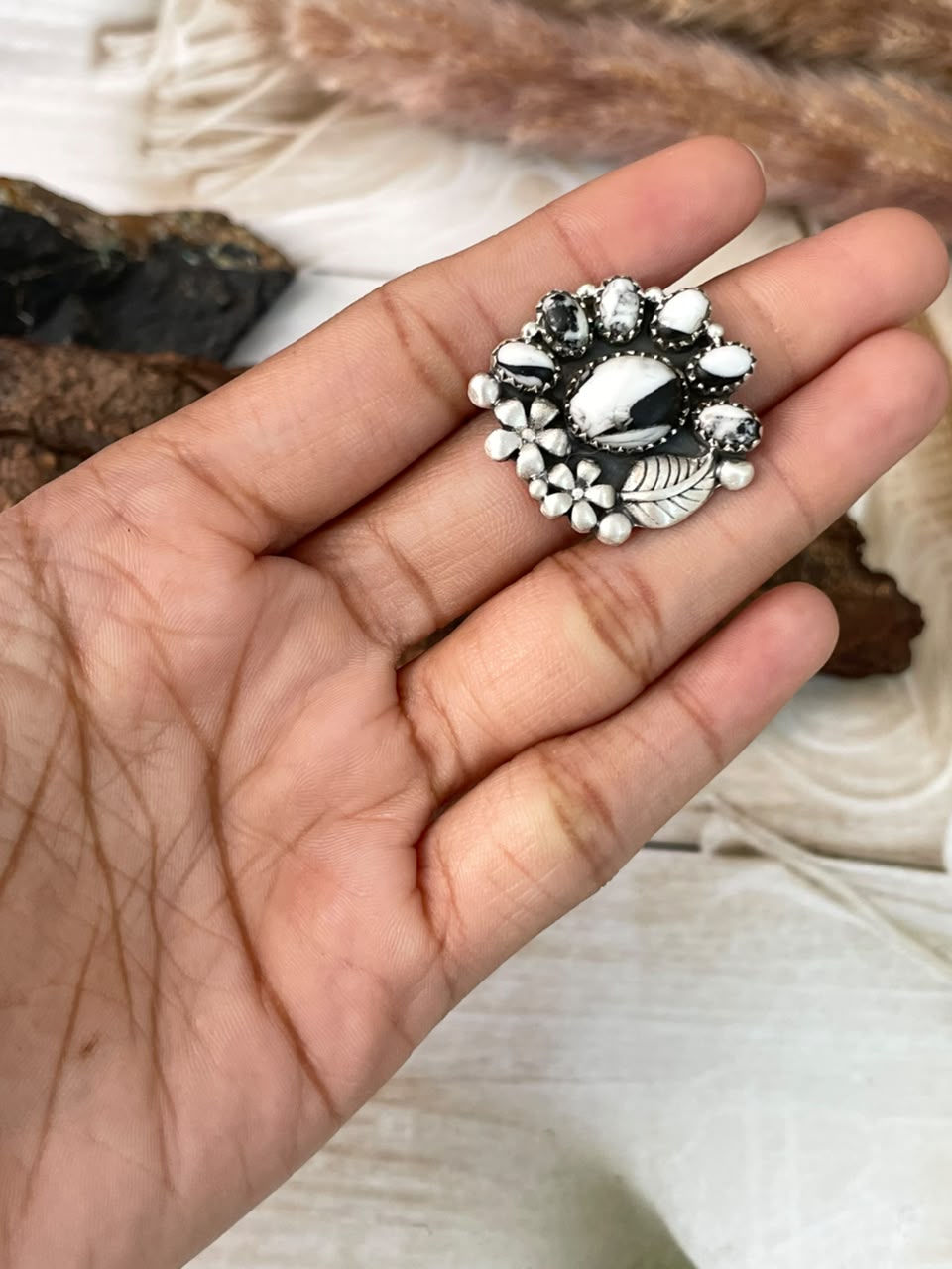Handmade Sterling Silver White Buffalo Adjustable Ring Signed Nizhoni