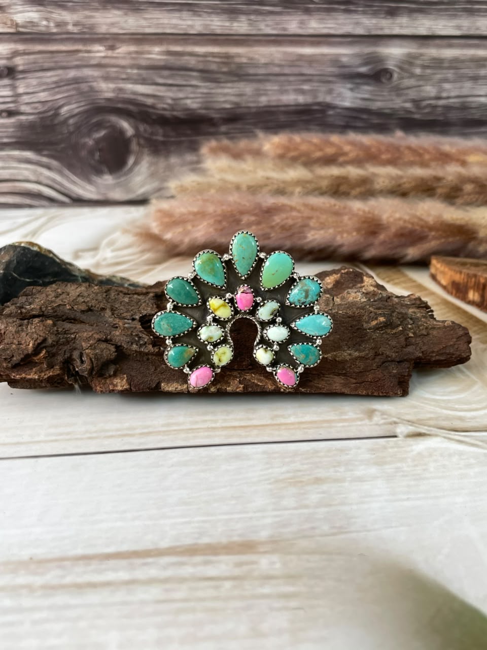 Handmade Sterling Silver Palomino with Cotton Candy and Cripple Creek Turquoise Naja Adjustable Ring Signed Nizhoni
