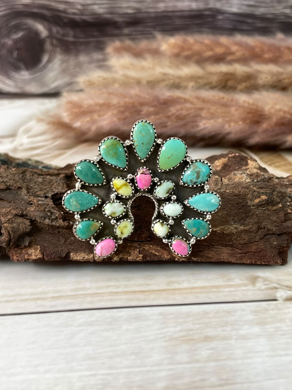 Handmade Sterling Silver Palomino with Cotton Candy and Cripple Creek Turquoise Naja Adjustable Ring Signed Nizhoni