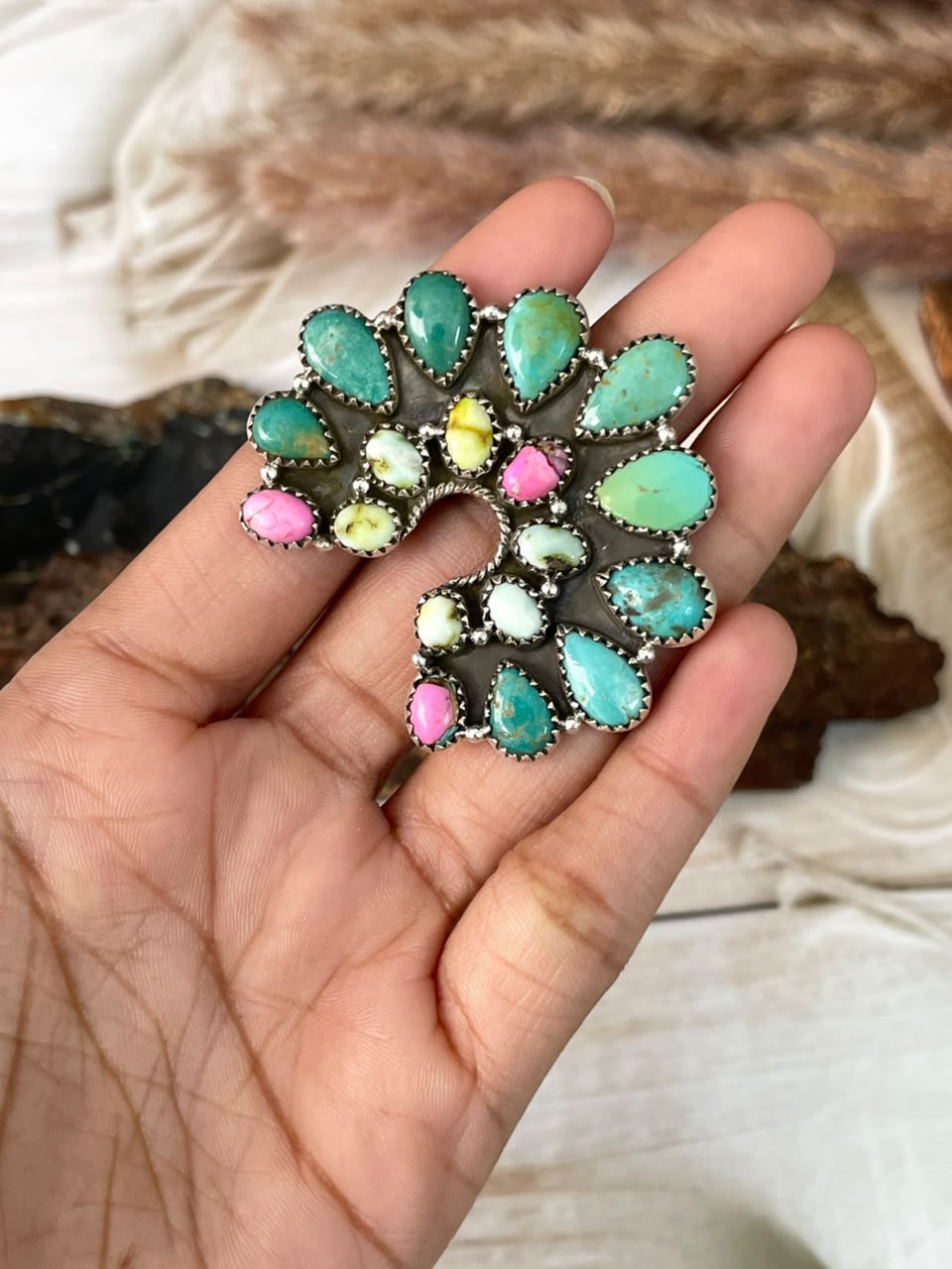 Handmade Sterling Silver Palomino with Cotton Candy and Cripple Creek Turquoise Naja Adjustable Ring Signed Nizhoni
