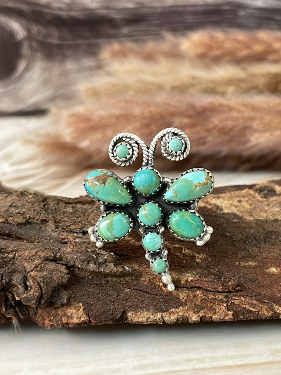 Handmade Sterling Silver Kingman Turquoise Butterfly Adjustable Ring Signed Nizhoni