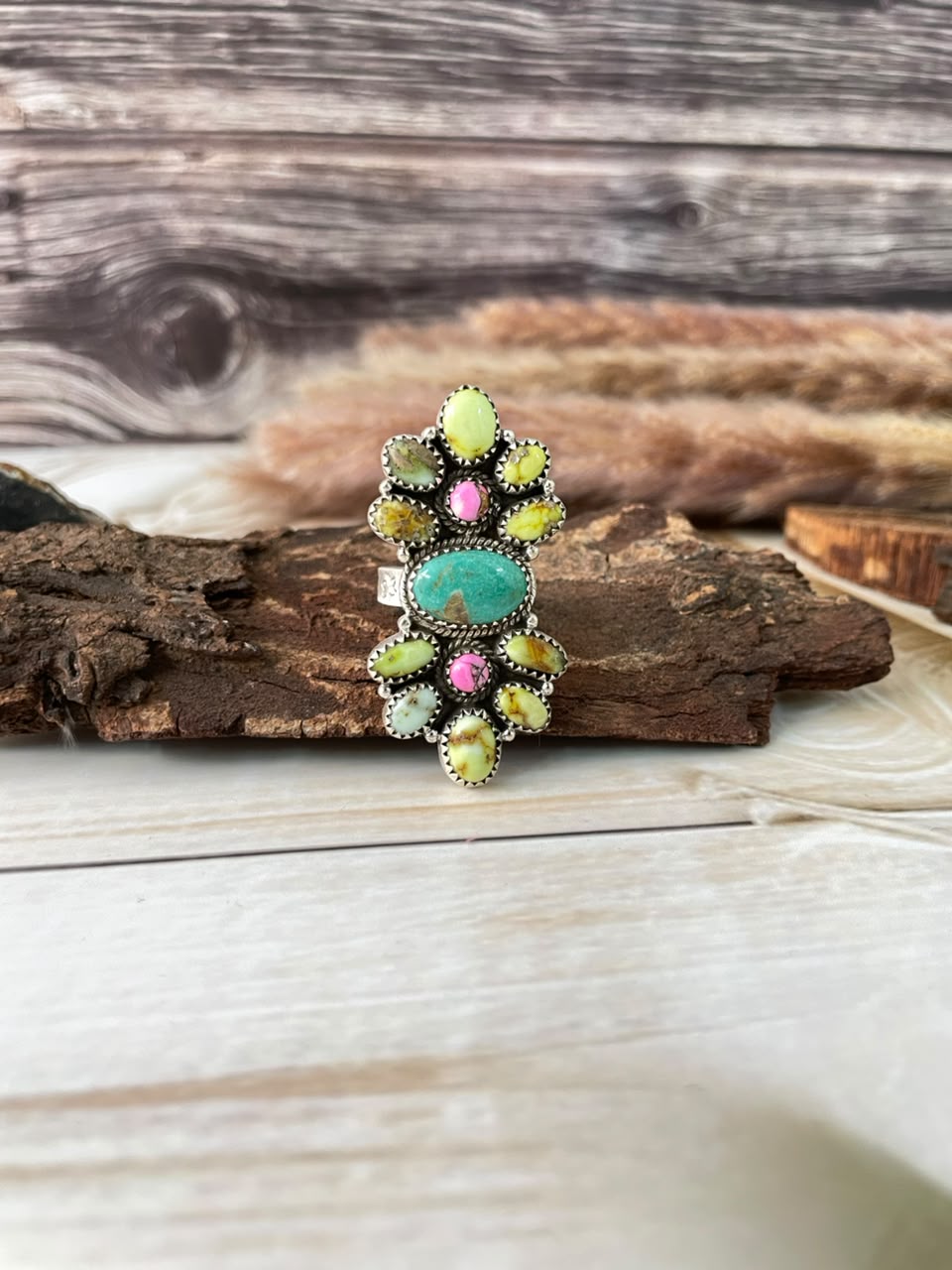 Handmade Sterling Silver Palomino with Cotton Candy and Cripple Creek Turquoise Adjustable Ring Signed Nizhoni