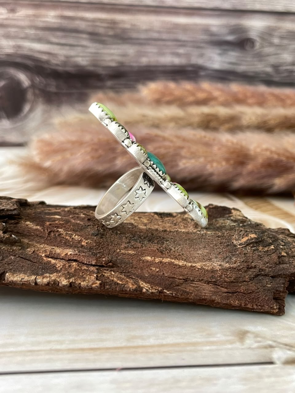 Handmade Sterling Silver Palomino with Cotton Candy and Cripple Creek Turquoise Adjustable Ring Signed Nizhoni