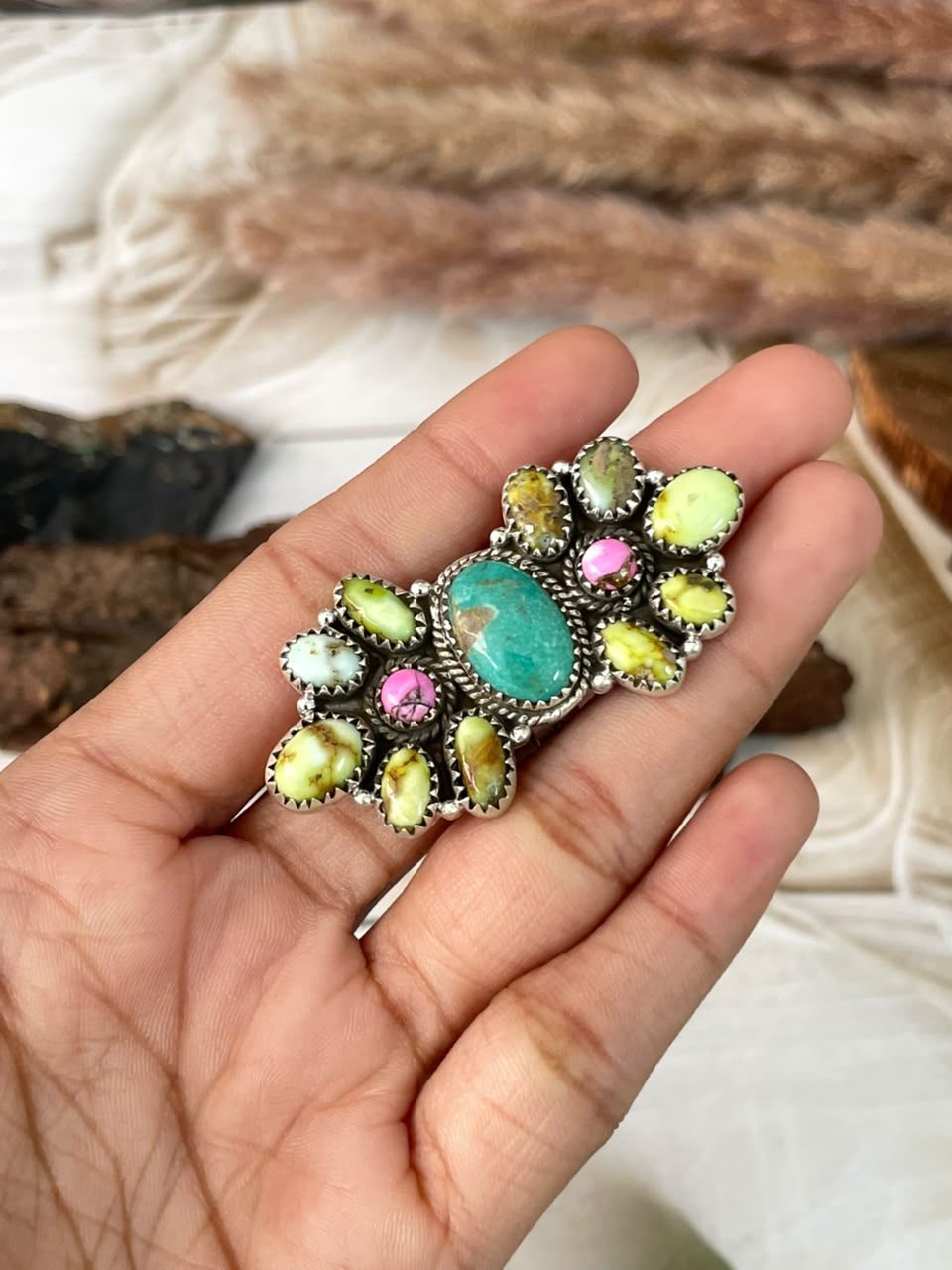 Handmade Sterling Silver Palomino with Cotton Candy and Cripple Creek Turquoise Adjustable Ring Signed Nizhoni