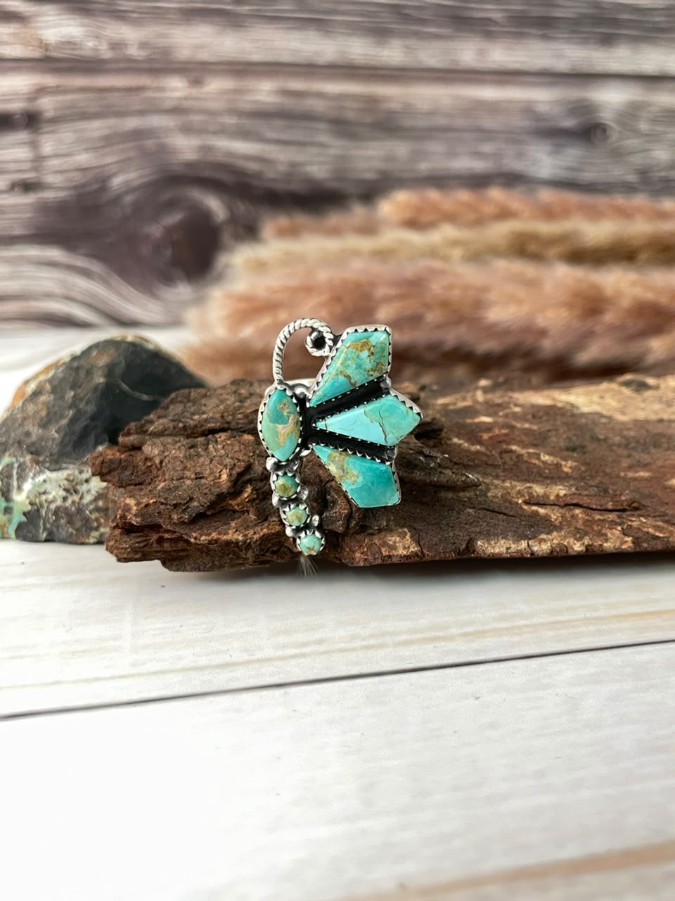 Handmade Sterling Silver Kingman Turquoise Butterfly Adjustable Ring Signed Nizhoni