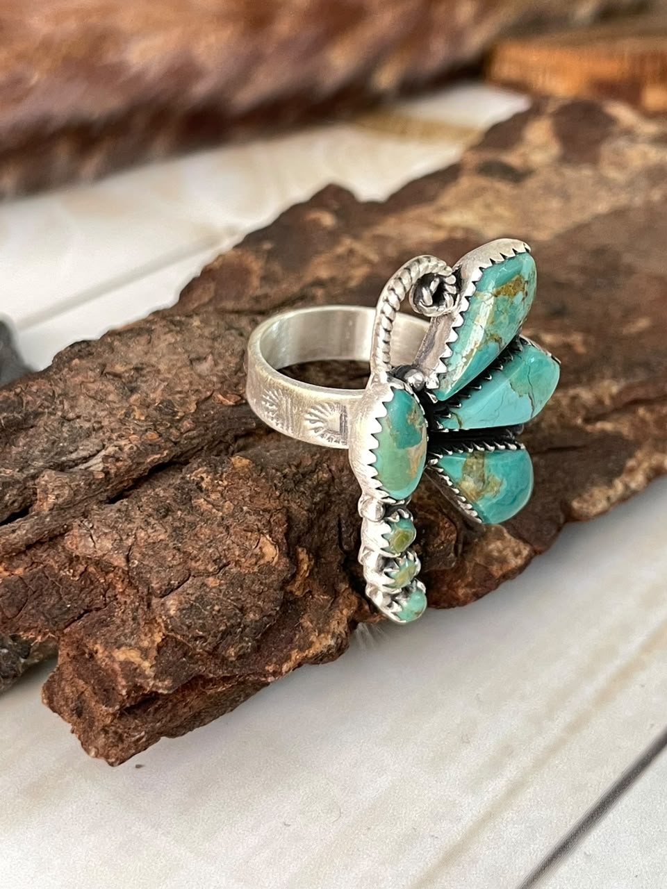 Handmade Sterling Silver Kingman Turquoise Butterfly Adjustable Ring Signed Nizhoni